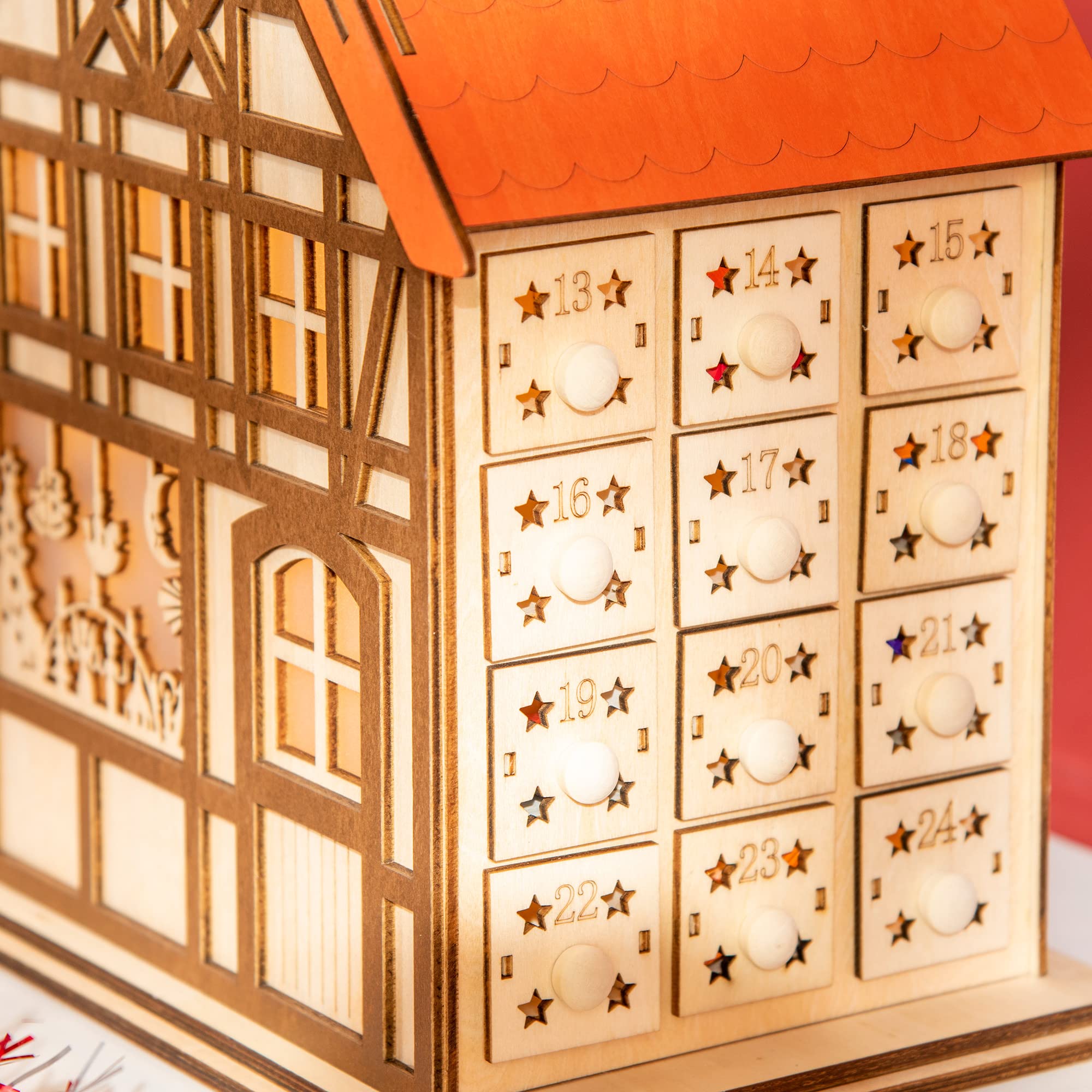 HOMCOM Wooden Christmas Advent Calendar House, Light Up Table Holiday Decoration with 24 Countdown Drawers and LED Lights, for K